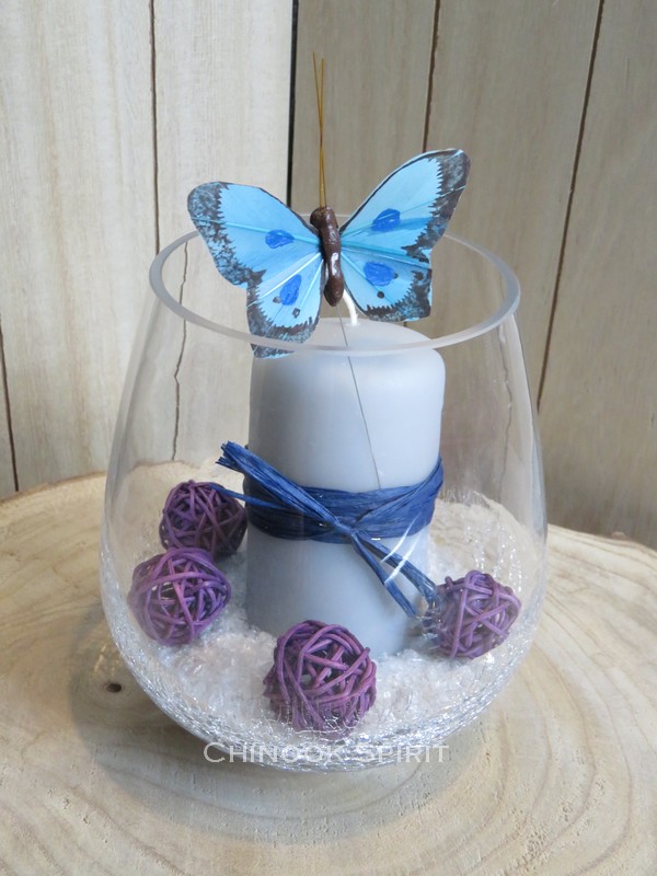 Photophore bougie grise papillon bleu sable beige violet craquele chinook spirit