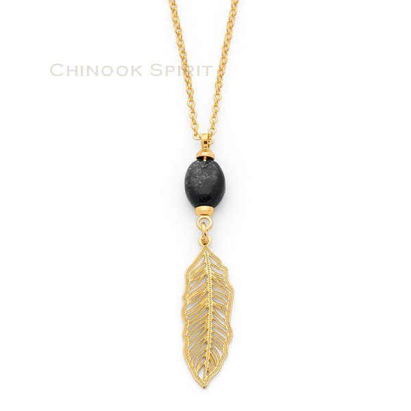 Collier plume acier jaune obsidienne noire CROW Chinook spirit