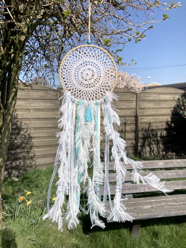Attrape reves crochet verte eau pompon turquoise Chinook Spirit